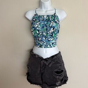 Japna Blue & Green Abstract Print Halter Crop Top Size M